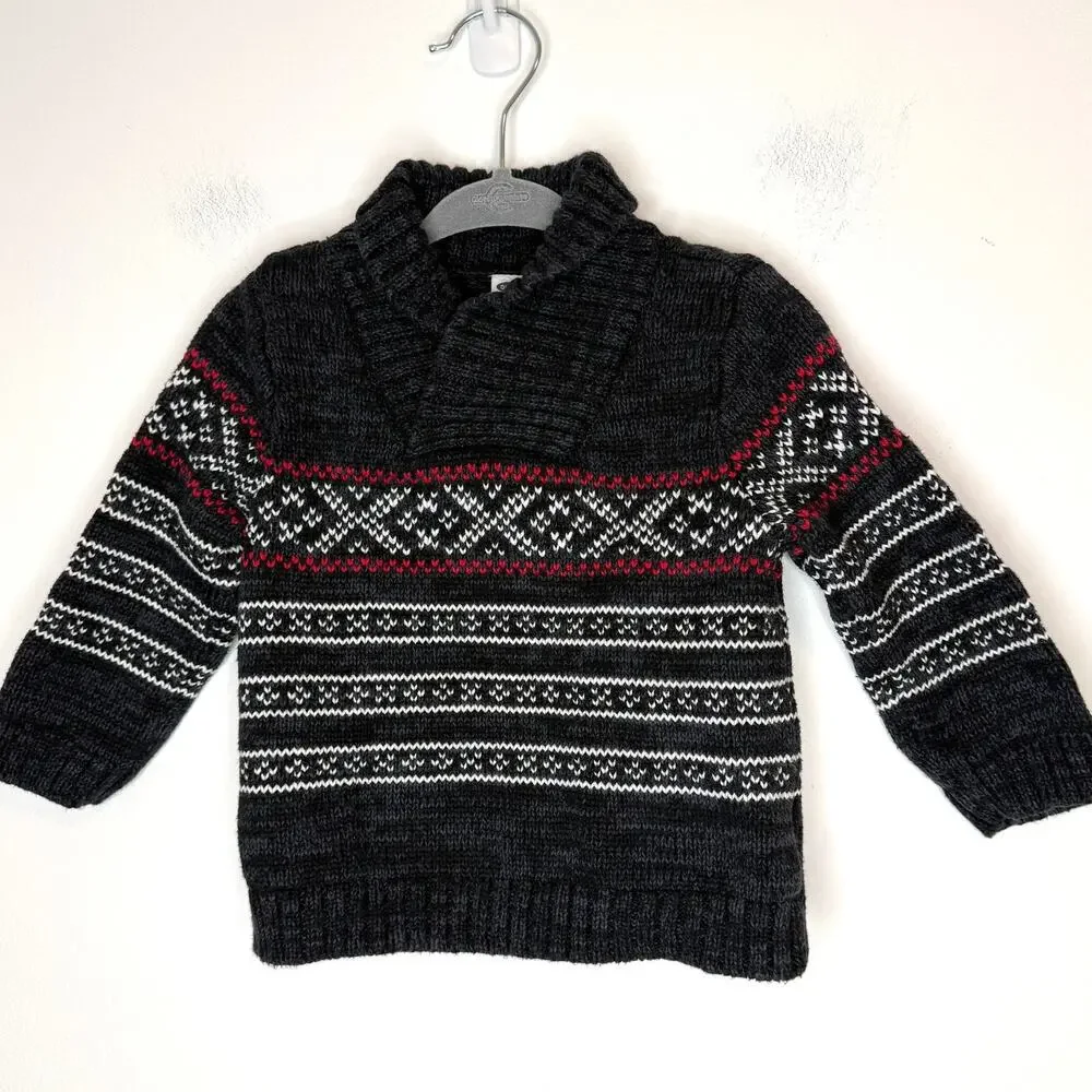 Old Navy Baby Boy Fair Isle Holiday Sweater In Gray Red White Size 6-12 Months